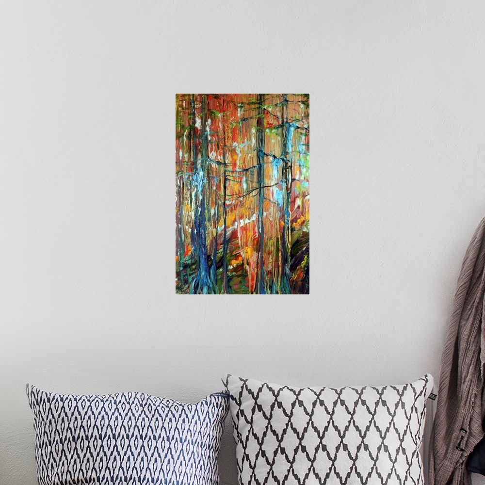 A bohemian room featuring An abstract painting of the swampy wooded cypress bayous of Louisiana with vibrant colors.