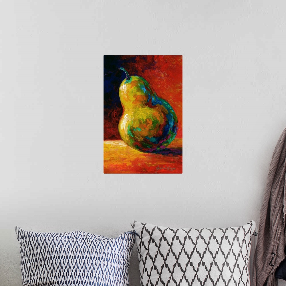 A bohemian room featuring Contemporary artwork of a single pear resting on a table and casting a shadow, done in bold colors.