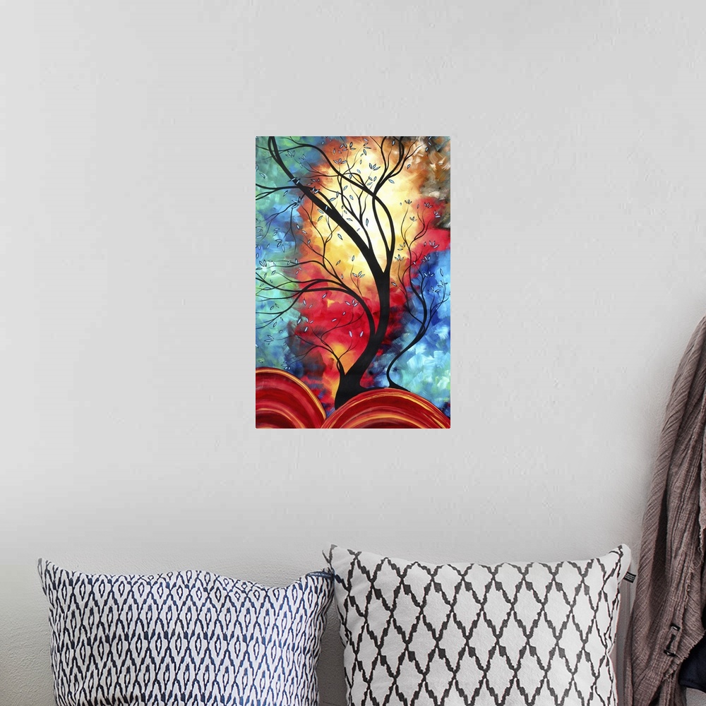 A bohemian room featuring Modern contemporary painting of a dark tree curving upwards with a brightly colored sky on canvas.