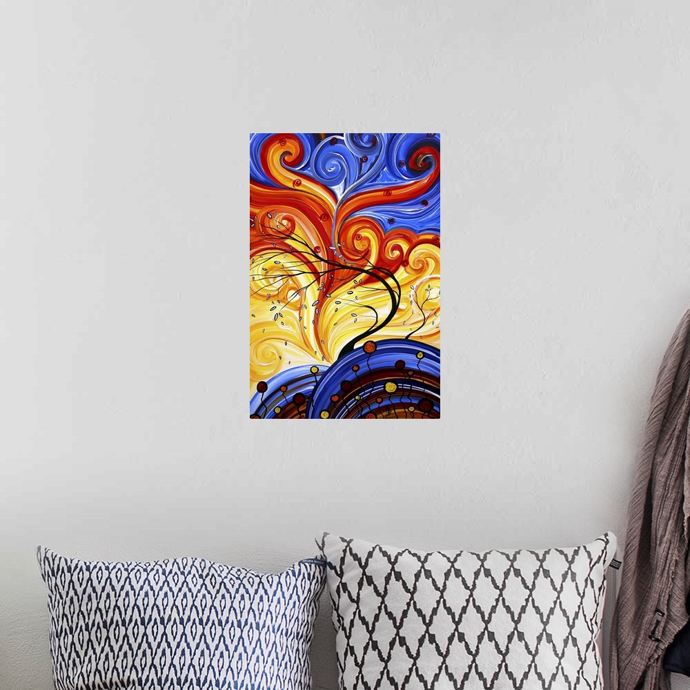 A bohemian room featuring Bright and rich colorful contemporary abstract painting of trees blowing in wind with leaves fall...