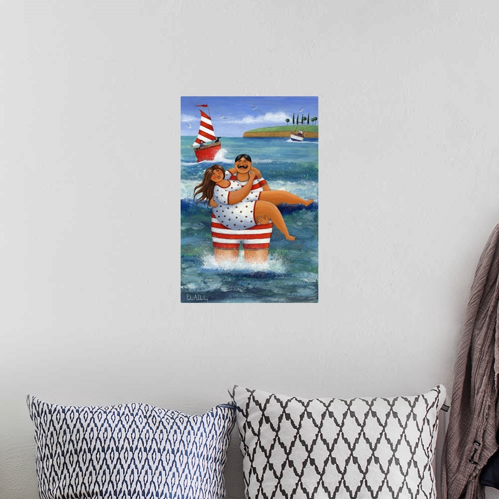 A bohemian room featuring Nautical themed painting of man in a bathing suit holding a woman in a bathing suit.