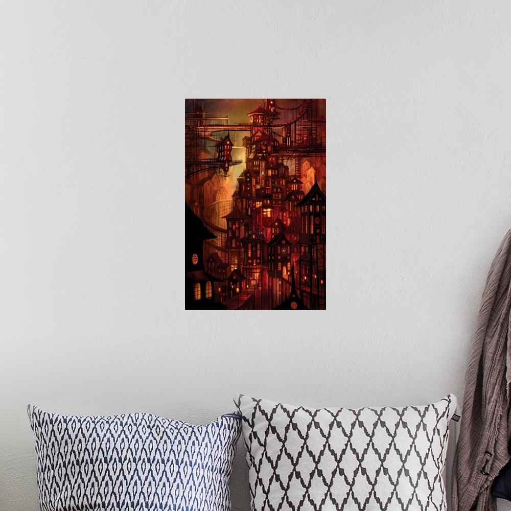 A bohemian room featuring Science fiction artwork of a city illuminated in a red glow which has buildings stacked upon each...