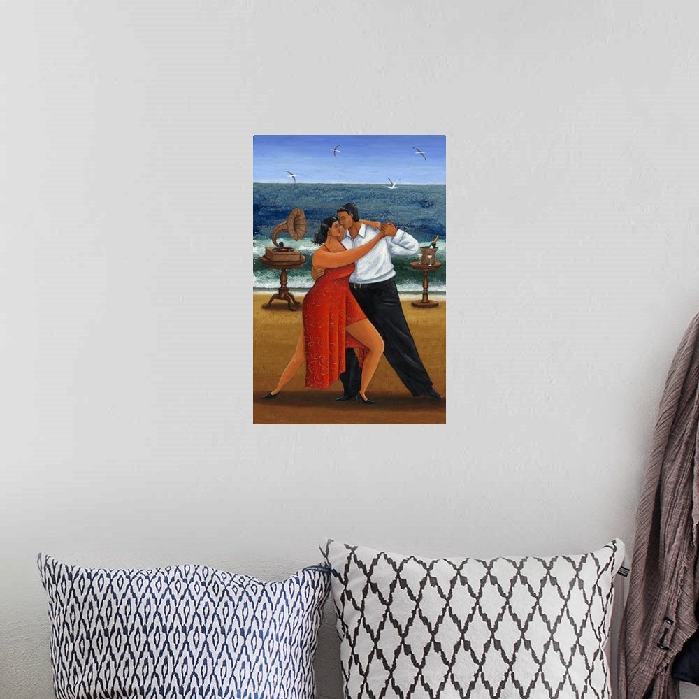 A bohemian room featuring Contemporary painting of a Latin couple dancing to music on a beach.