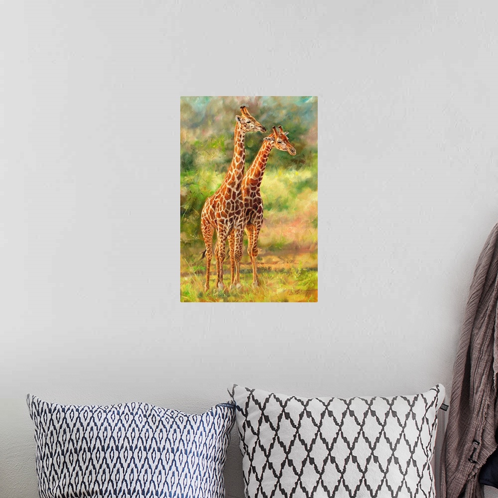 A bohemian room featuring Pair of Giraffes, oil on canvas.