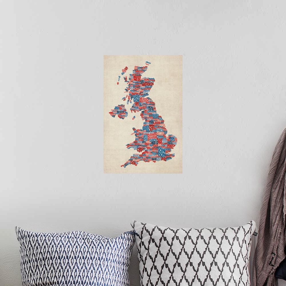 A bohemian room featuring Great Britain UK City Text Map, Blue and Red