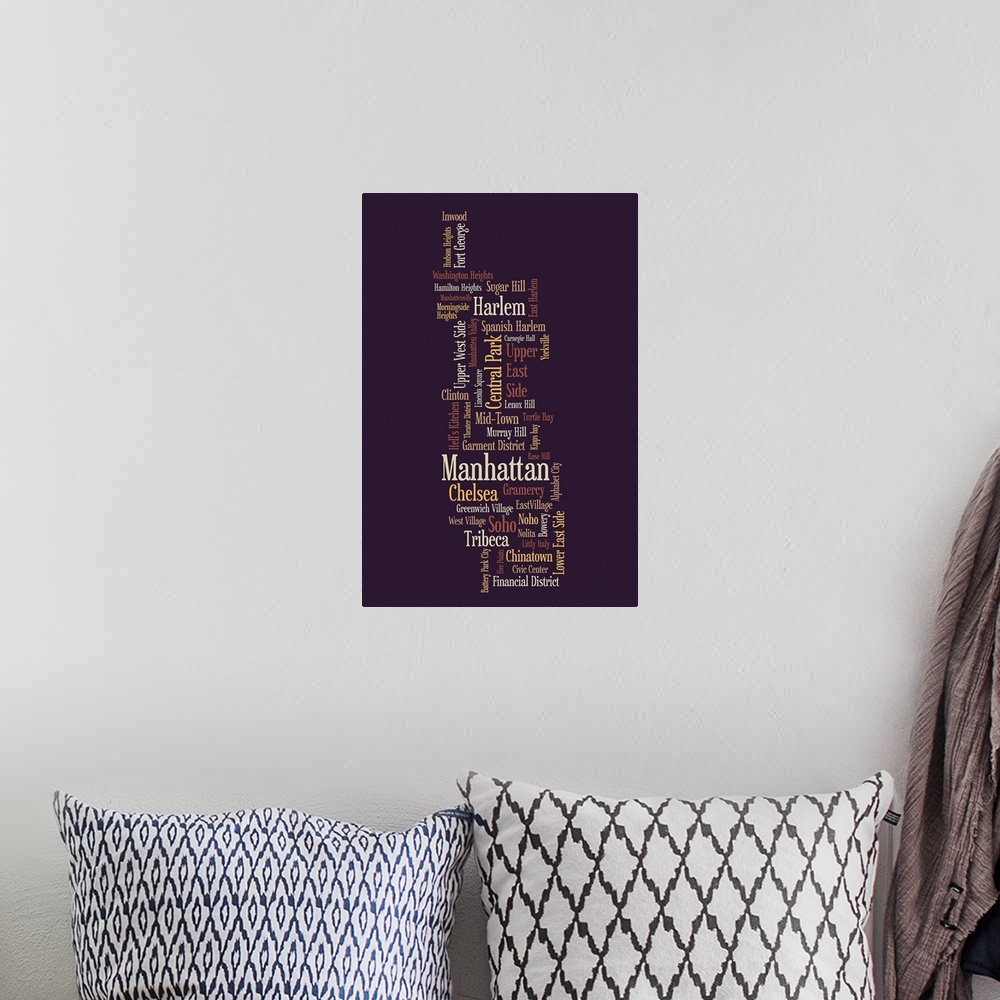 A bohemian room featuring Contemporary artwork that uses words associated with NYC grouped together to form the outline of ...