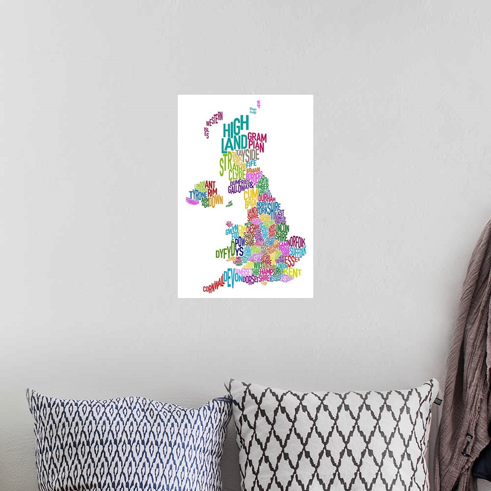 A bohemian room featuring UK Map make up of County names - rainbow colors