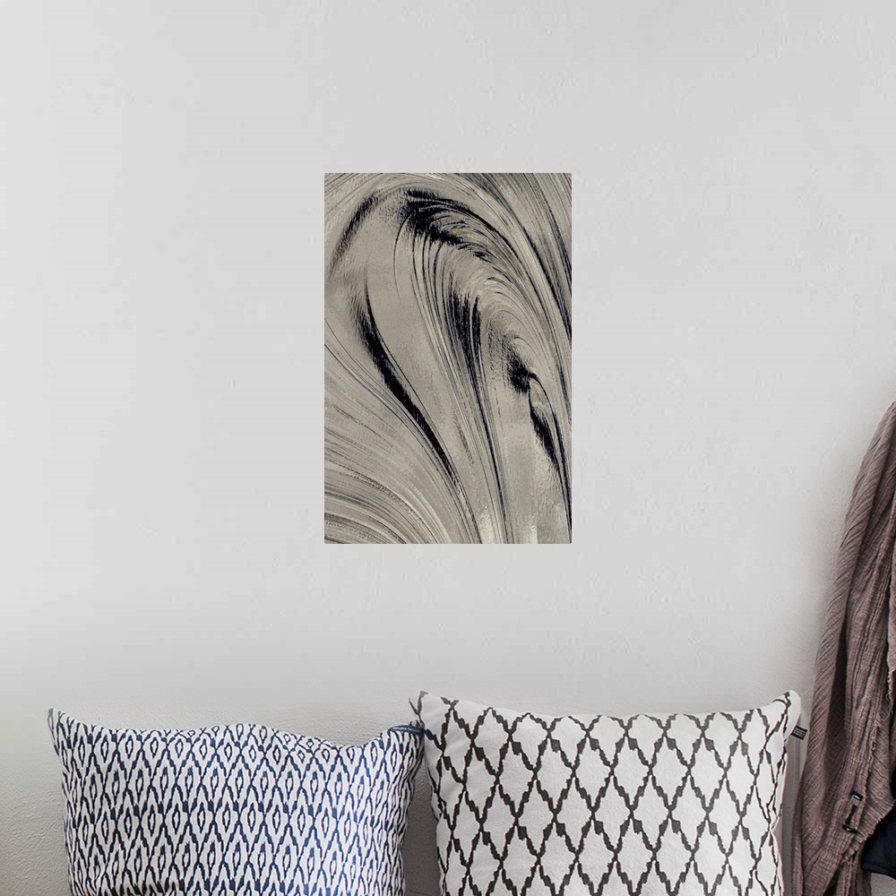 A bohemian room featuring Giant photograph focuses on the gentle curved movements of a thick, dark substance.