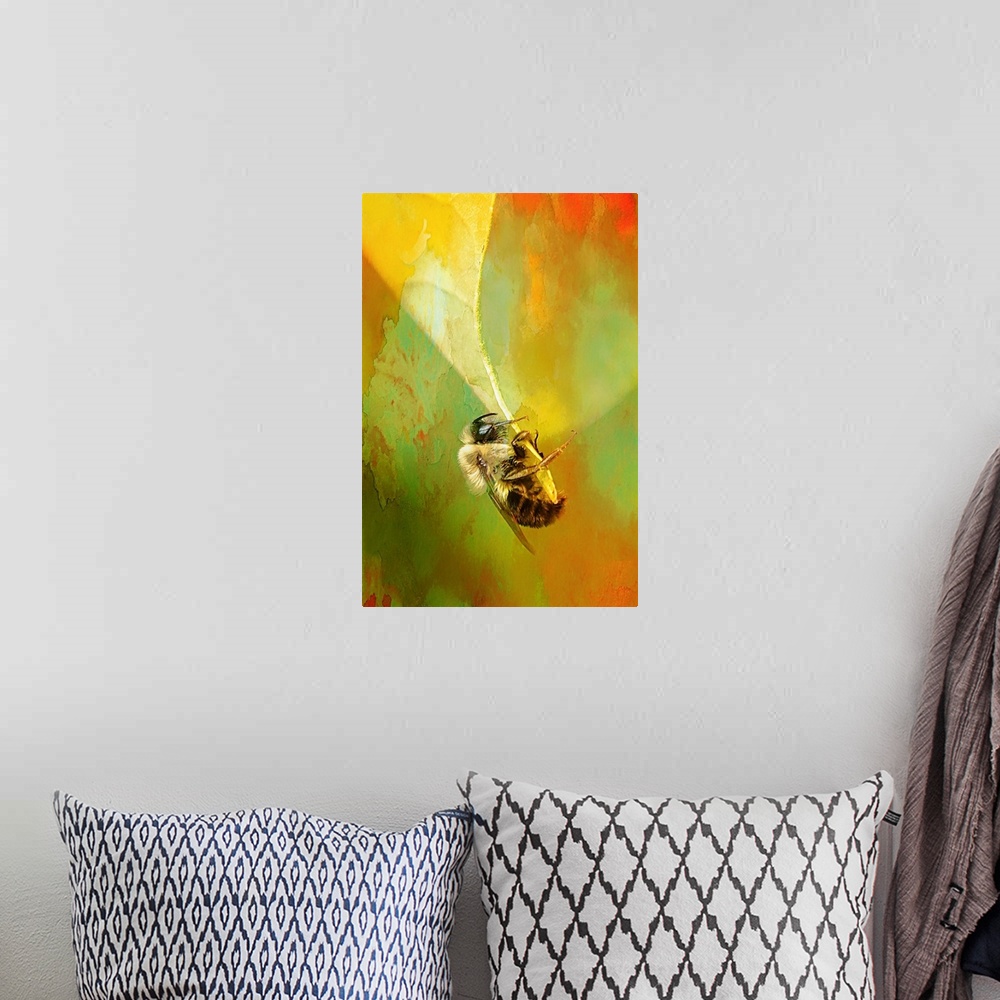 A bohemian room featuring Close-up photograph of a bee clinging to the end of a leaf.