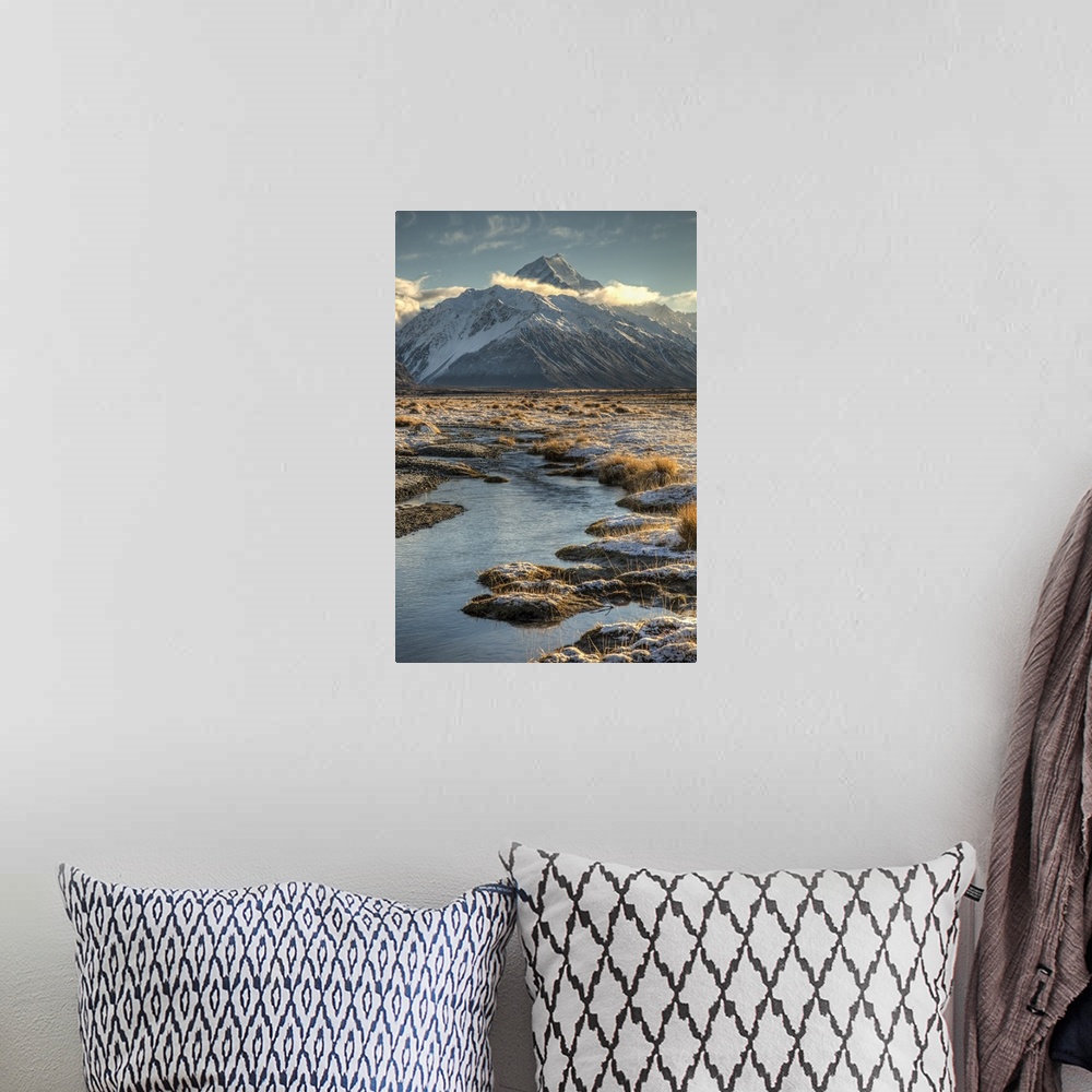 A bohemian room featuring Tasman River at dawn and Mount Cook, Mount Cook National Park, New Zealand