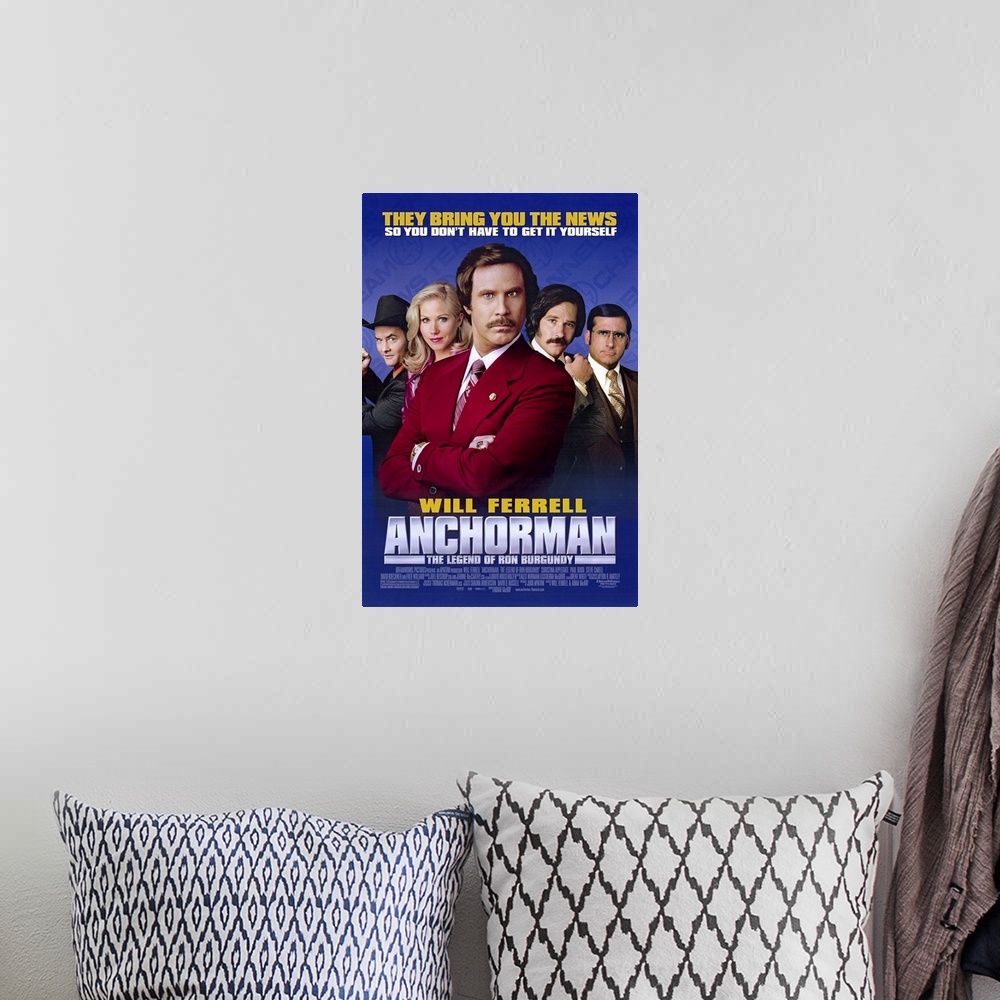 A bohemian room featuring Movie poster for "Anchorman: The Legend of Ron Burgundy". Ron is front and center of the poster w...
