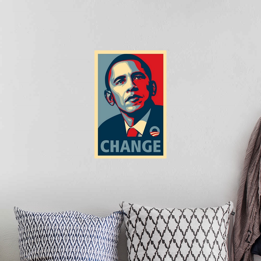 A bohemian room featuring "Change" campaign poster for Barack Obama, from the 2008 presidential election.