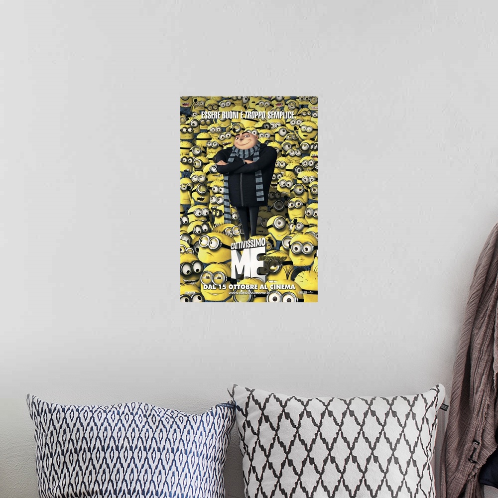A bohemian room featuring Movie poster for "Despicable Me" in Italian. The main character of the film is surrounded fully b...