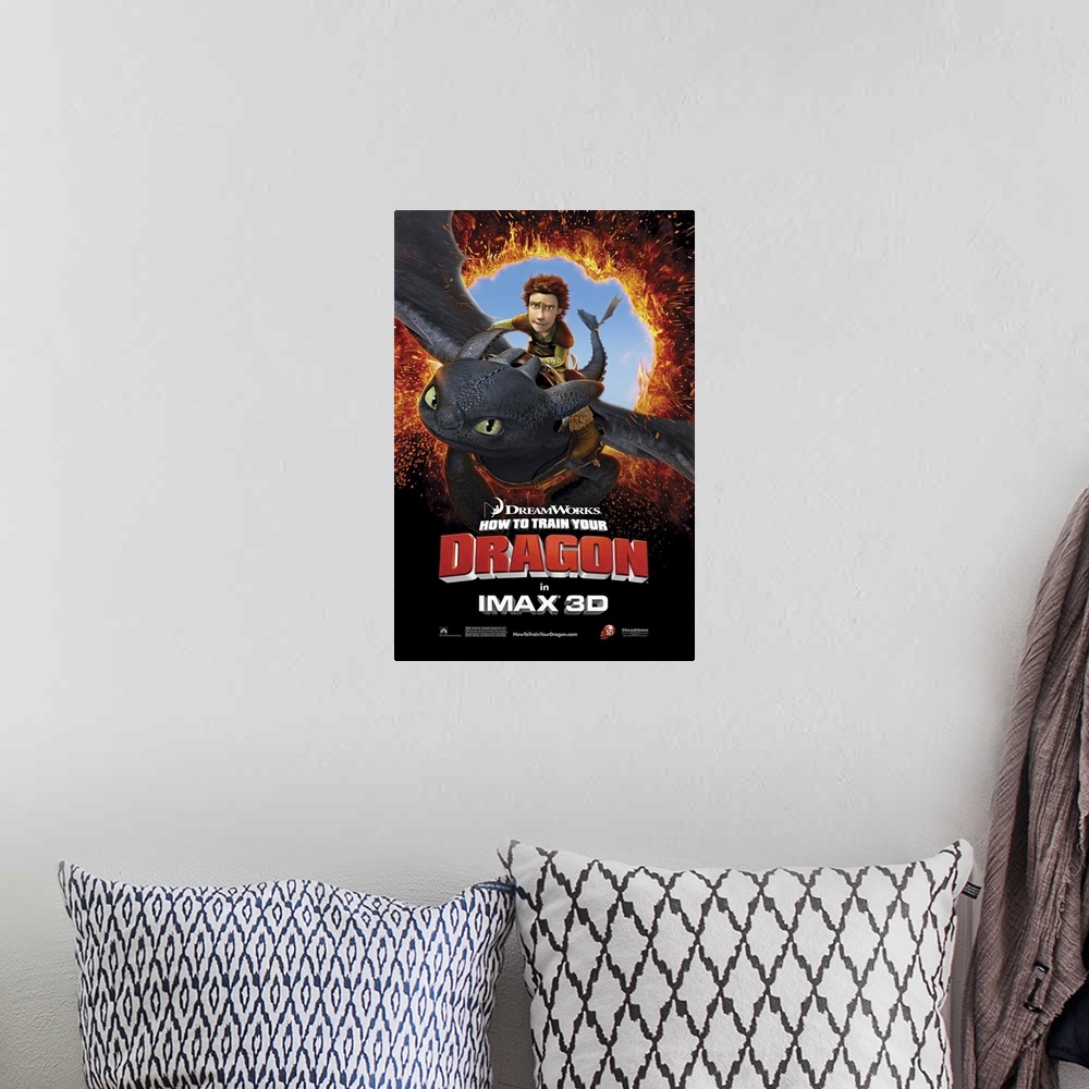 A bohemian room featuring A movie poster for the popular animated movie shows the hero rides on the back of a dragon throug...