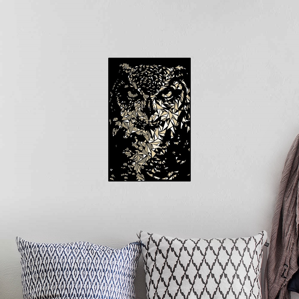 A bohemian room featuring Portrait of an owl made up of triangular geometric shapes.