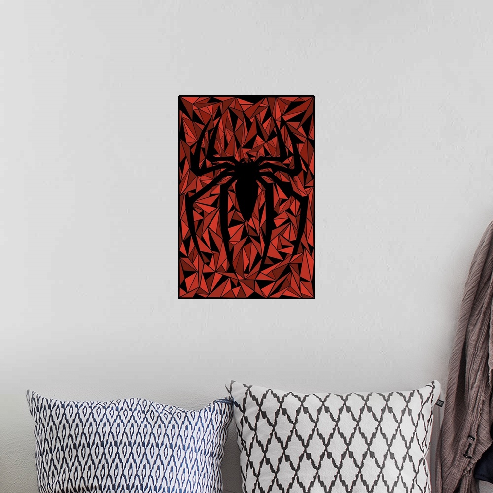A bohemian room featuring Contemporary geometric artwork of the Spiderman symbol.