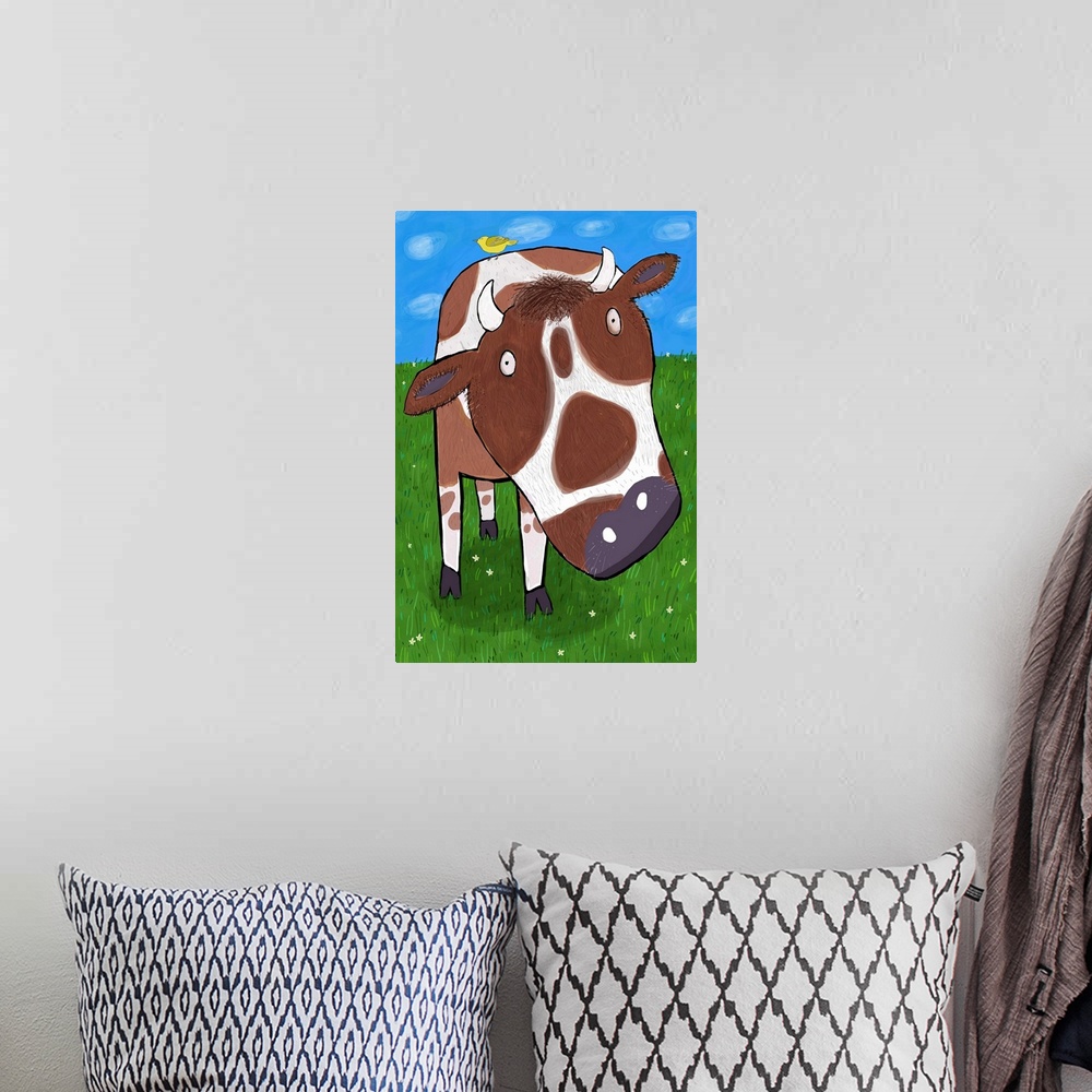 A bohemian room featuring Close up of cow in field illustrated by artist Carla Daly.