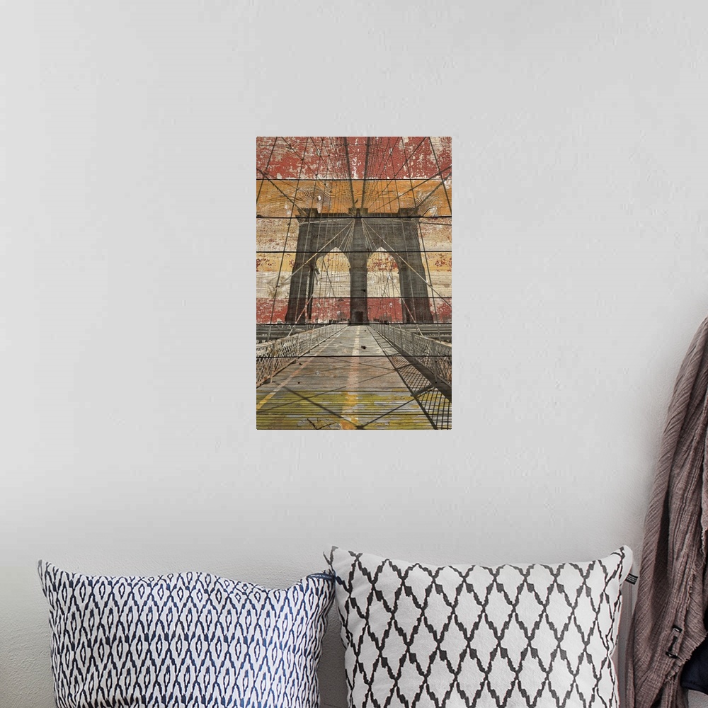 A bohemian room featuring New York Brooklyn Bridge