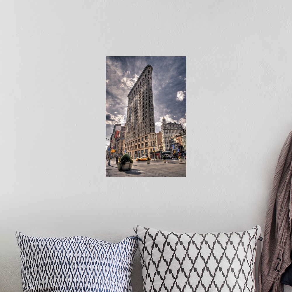 A bohemian room featuring HDR photograph of the landmark Flatiron building in New York city.