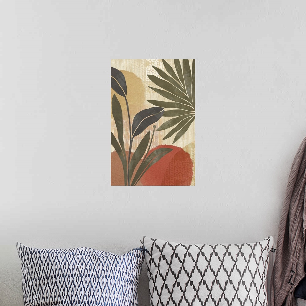 A bohemian room featuring Terracotta and green abstract botanical art print.