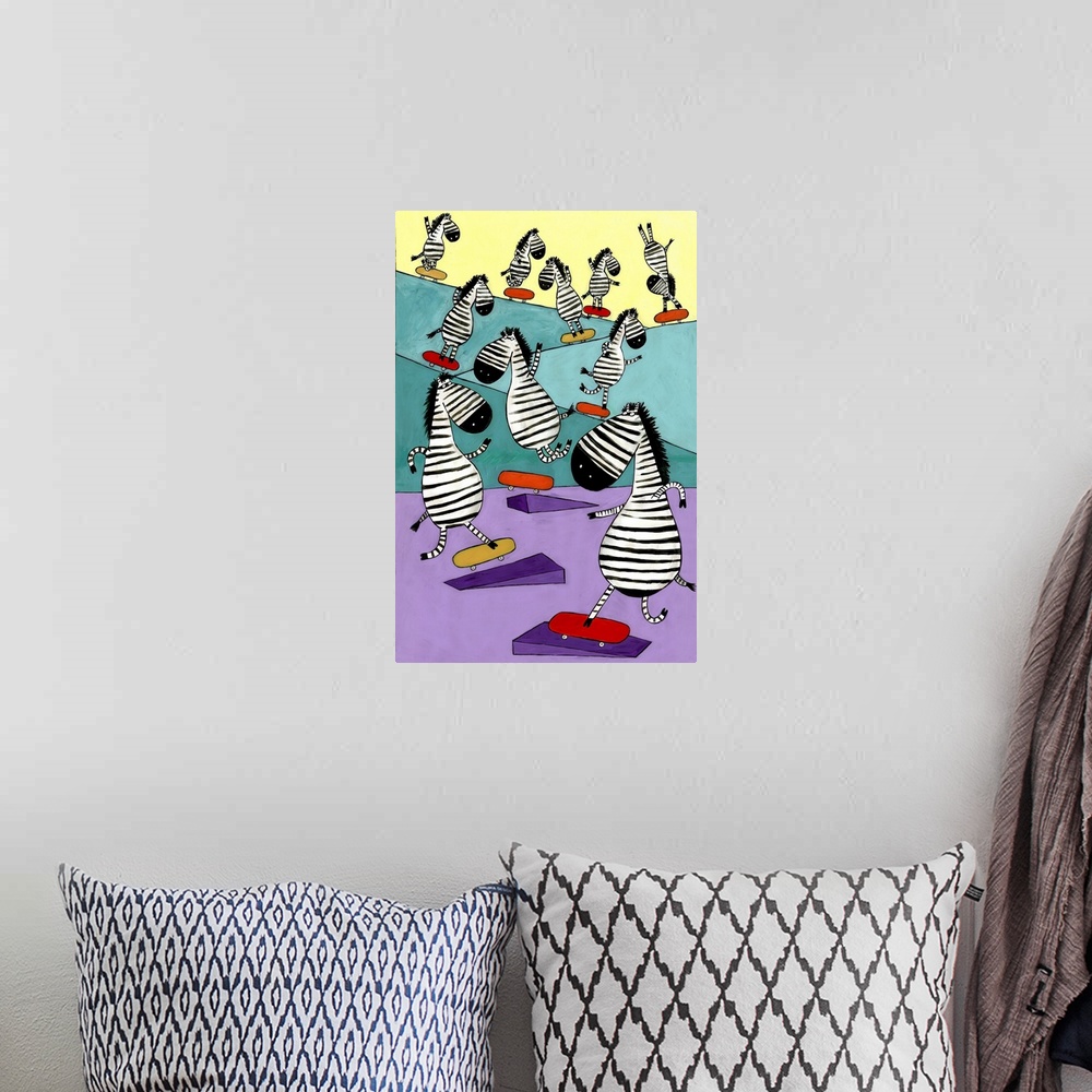 A bohemian room featuring Zebra Skateboarding in the skate park. Illustrated by artist Carla Daly.