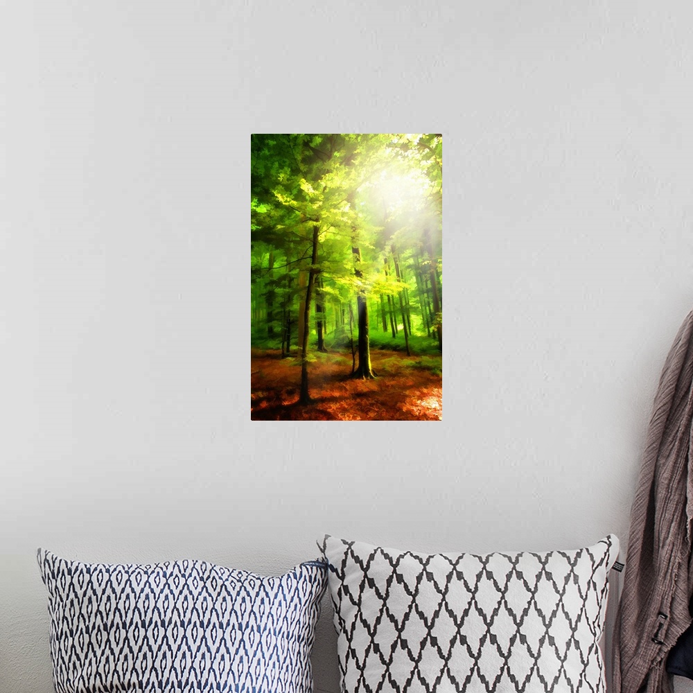 A bohemian room featuring A vibrant colorful photograph of a forest with sunlight shining through the canopy.