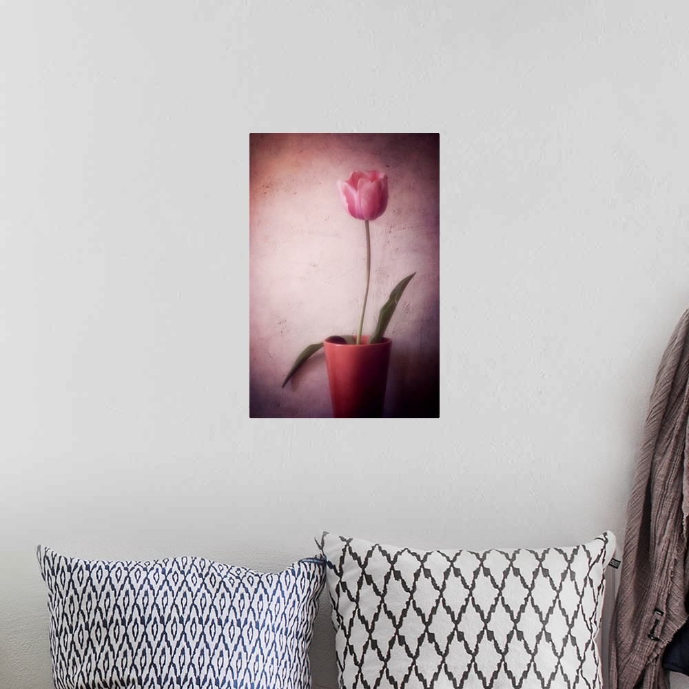 A bohemian room featuring A tulip in a pot with added photo texture