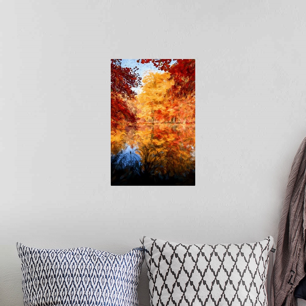 A bohemian room featuring Autumn trees reflected in the water of a pond