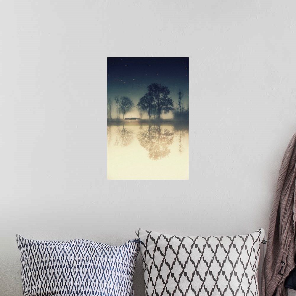A bohemian room featuring Inverted reflection of a tree by a pond