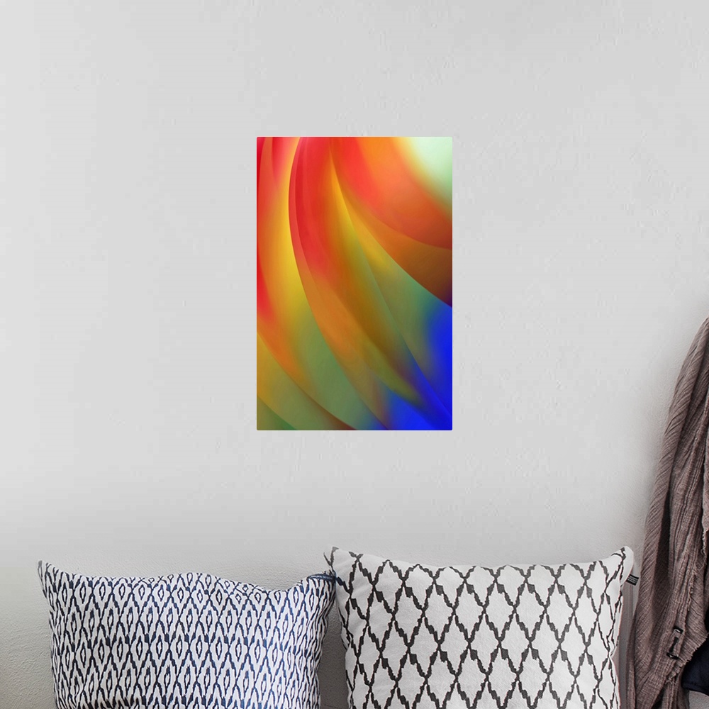 A bohemian room featuring Abstract art created with a layered surface and gel filters to create gradients of color from top...
