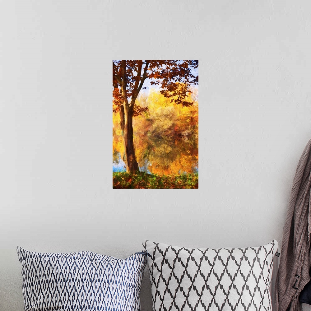 A bohemian room featuring Trees by a pond with a expressionist photo or painterly effect