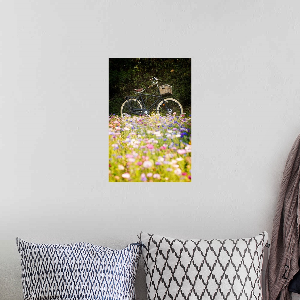 A bohemian room featuring A bicycle behind a colorful flower field