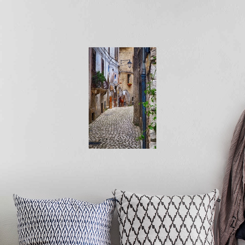 A bohemian room featuring Narrow Cobblestone Street in a Medieval Town With a Cheese Shop, Sermoneta, Latina, Italy.