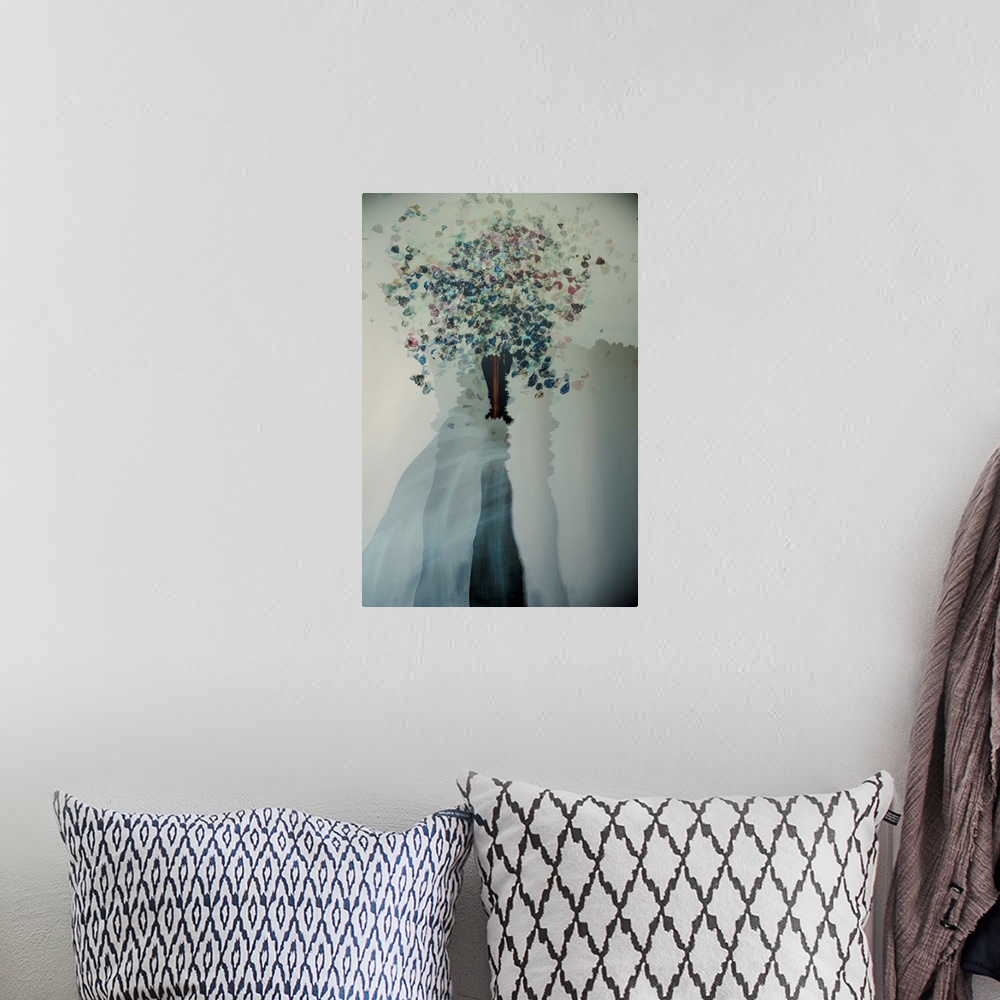 A bohemian room featuring Abstract composite photograph of varies objects such as flowers, giving the image an eerie appear...