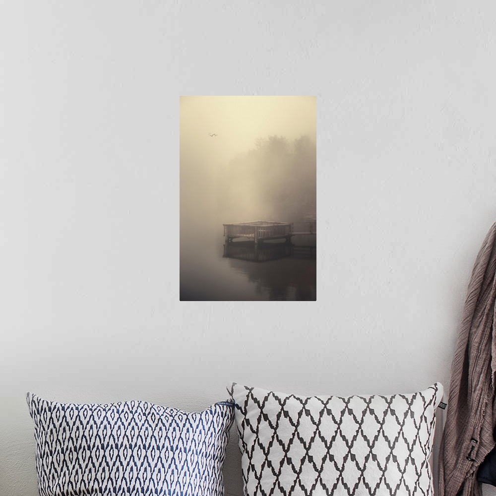 A bohemian room featuring Pontoon in the fog with a flock of birds