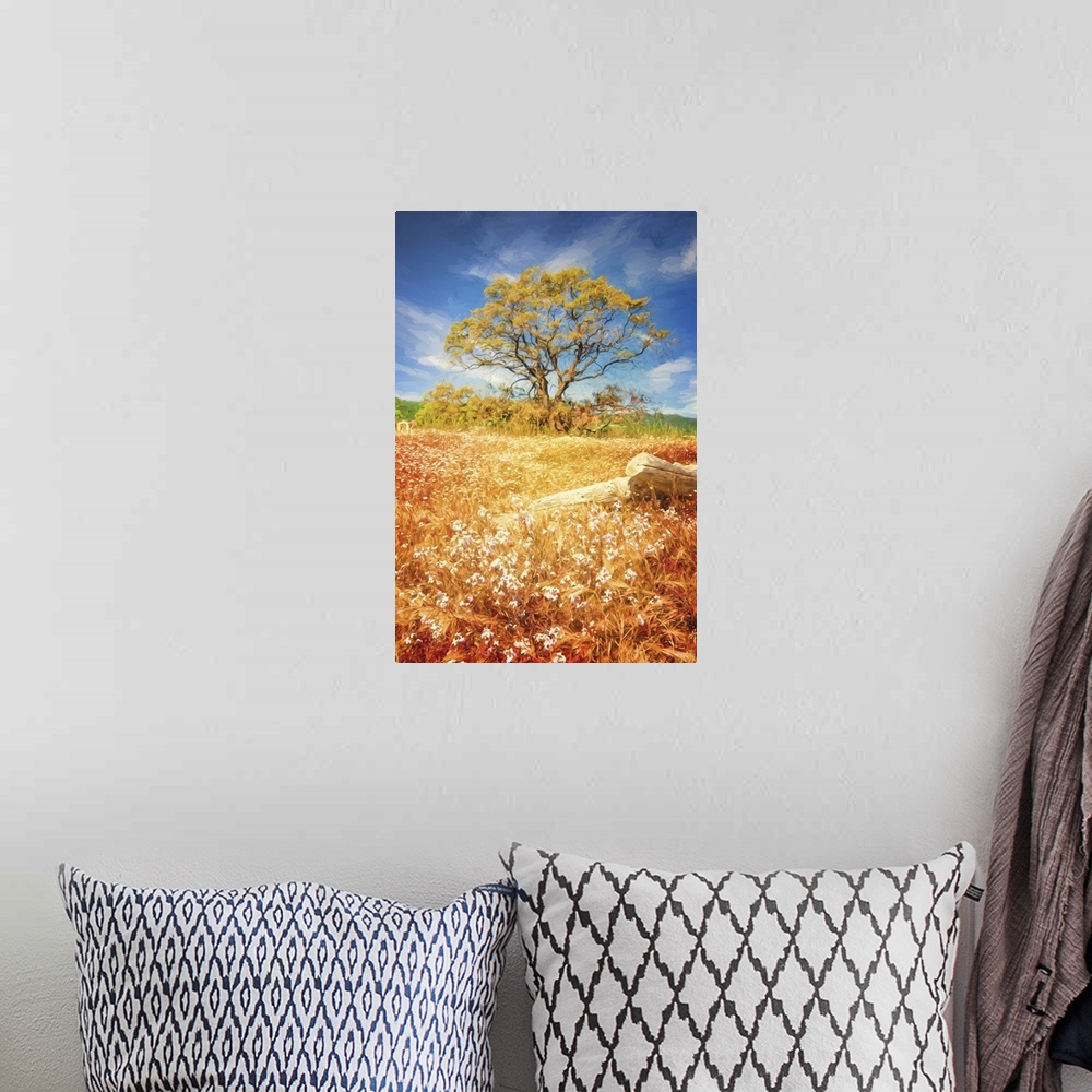 A bohemian room featuring Photo painting of a beautiful Fall day with long orange and yellow grass with flowers and a tree ...