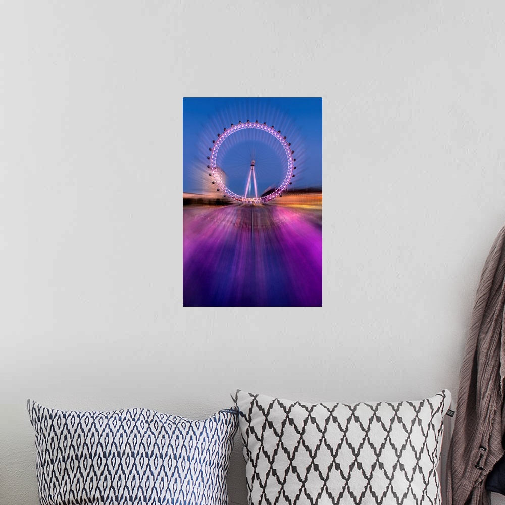 A bohemian room featuring Long exposure fine art photo of the London Eye ferris wheel with purple lights.