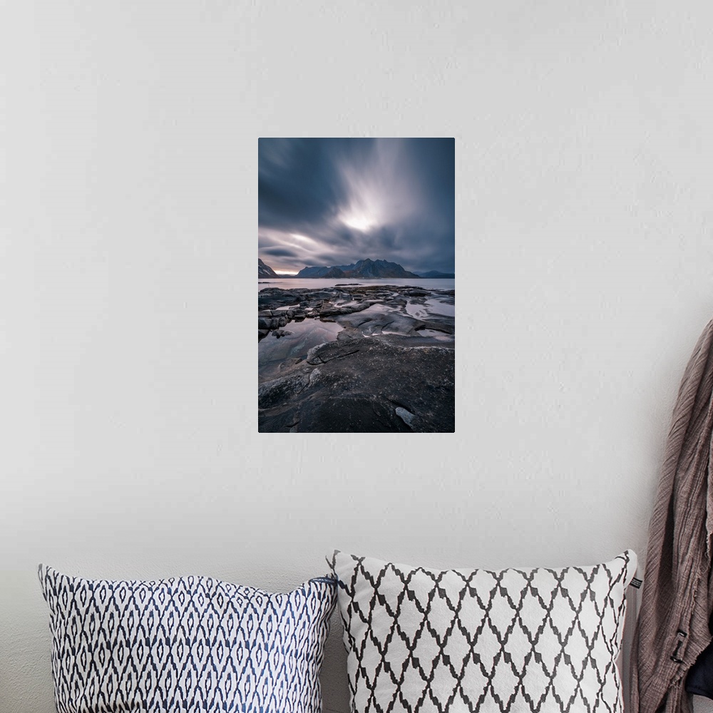 A bohemian room featuring Dramatic cloud movement from long exposure in central Lofoten islands, an archipelago within the ...
