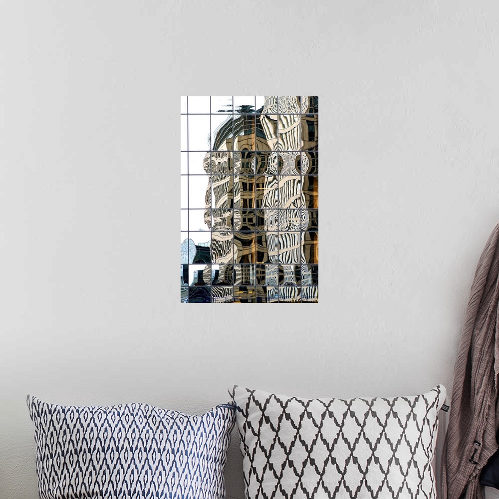 A bohemian room featuring A photograph of a glass building reflecting its environment.