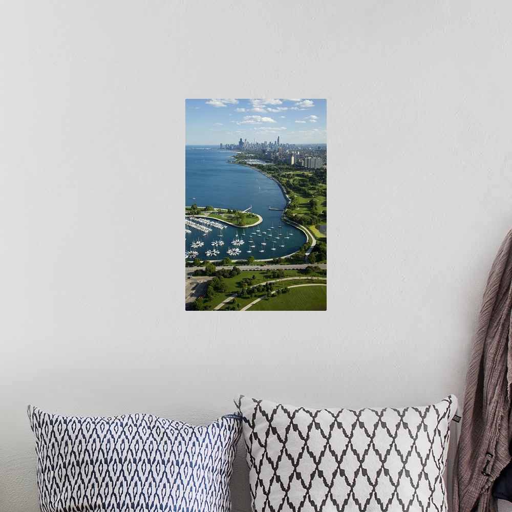 A bohemian room featuring Aerial view of a city, Lake Shore Drive, Lake Michigan, Chicago, Cook County, Illinois, USA