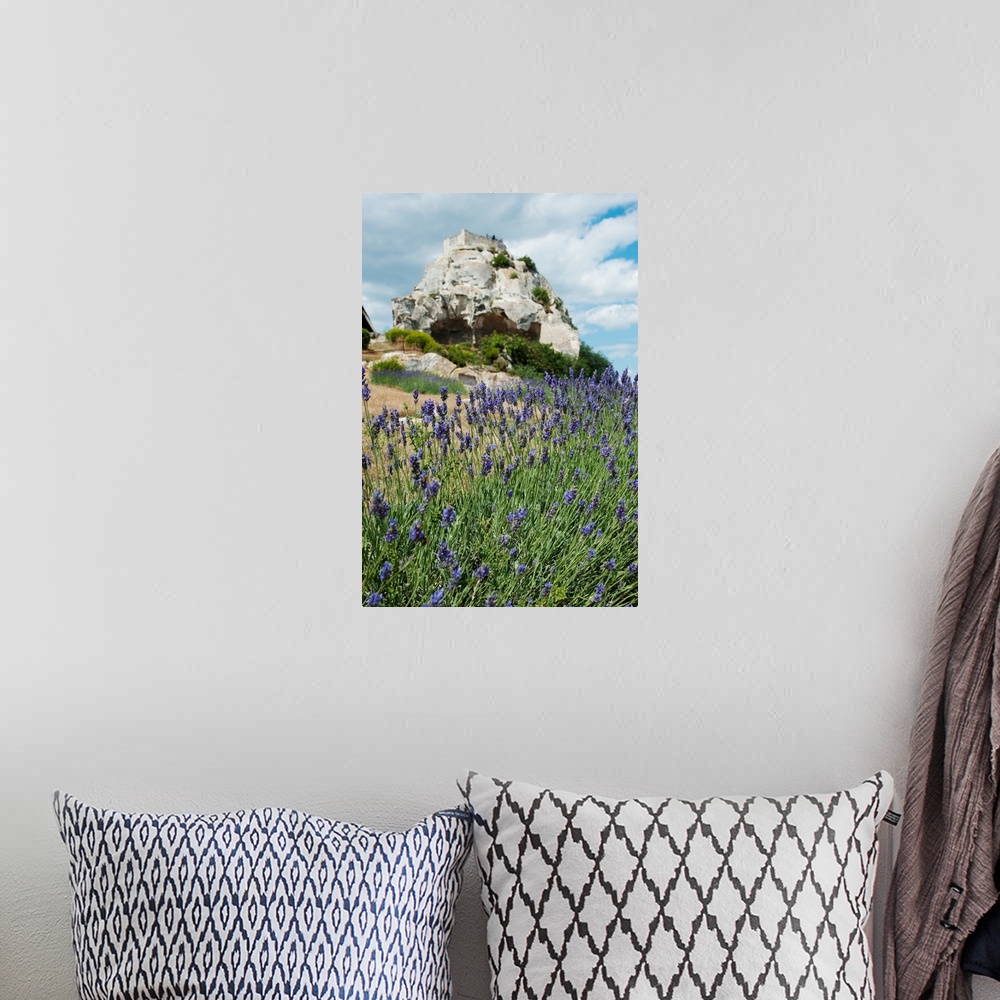 A bohemian room featuring Lavender field in front of ruins of fortress on a rock, Les Baux-de-Provence, France
