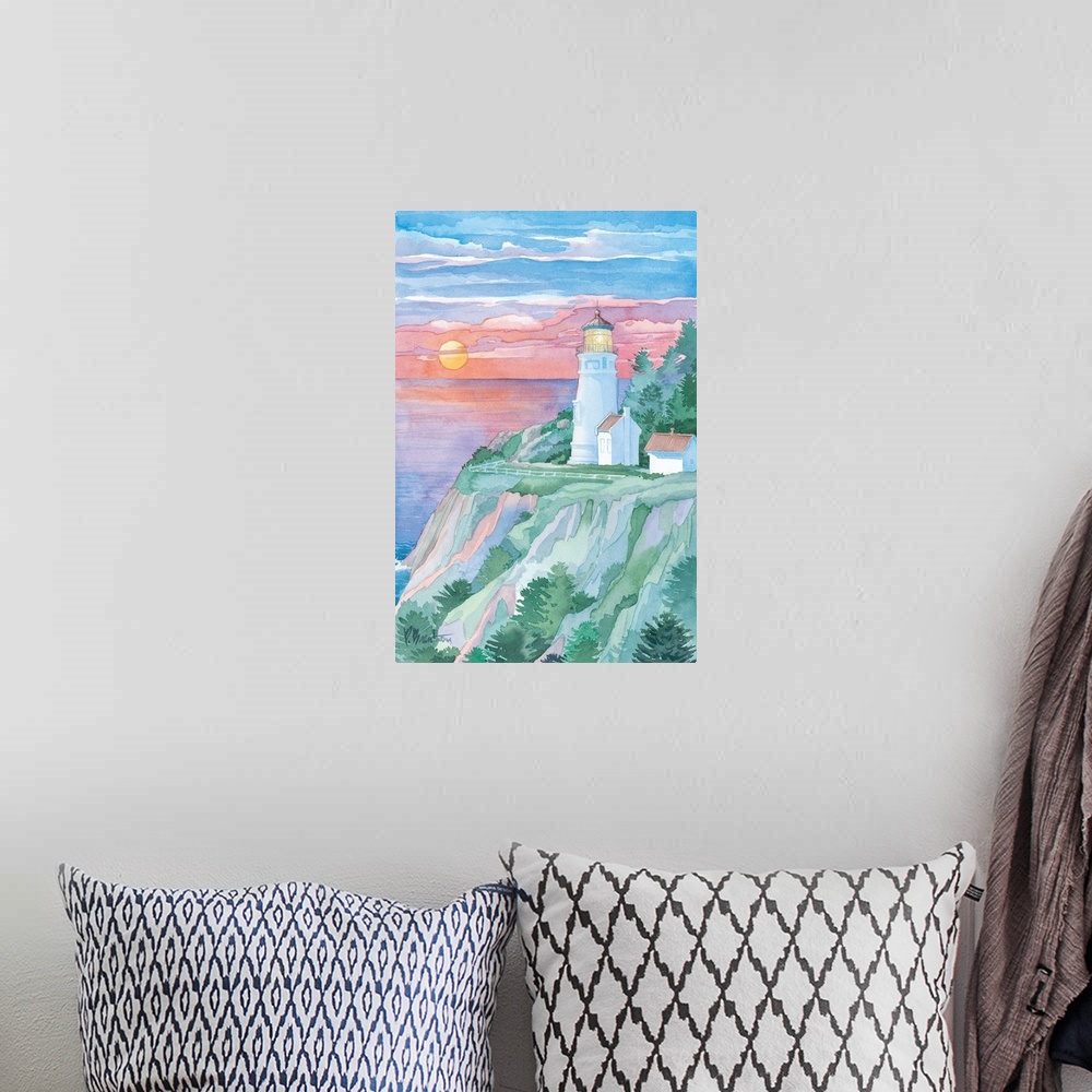 A bohemian room featuring Watercolor painting of a lighthouse in Oregon at sunset on a cliff.