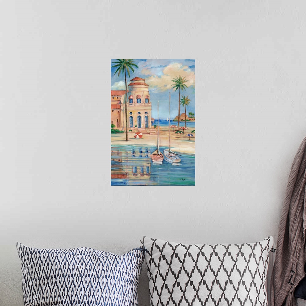 A bohemian room featuring Painting of a resort on the Mediterranean sea with a sandy beach, palm trees, and sailboats.