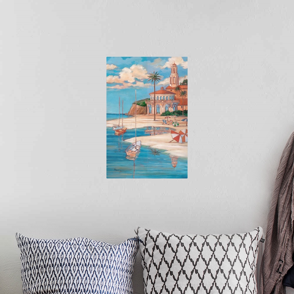 A bohemian room featuring Painting of a resort on the Mediterranean sea with a sandy beach, palm trees, and sailboats.