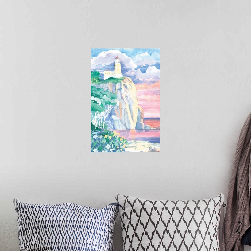 A bohemian room featuring Watercolor painting of a lighthouse on a cliff at sunset on the Great Lakes.