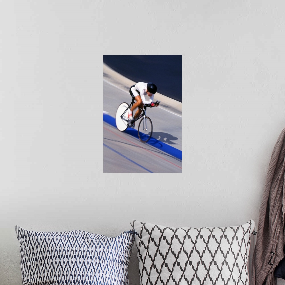 A bohemian room featuring Female cyclist racing on the velodrome track