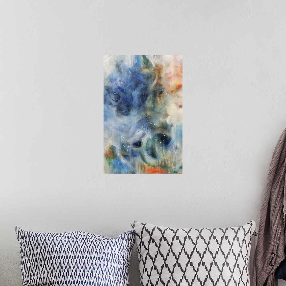 A bohemian room featuring A contemporary abstract painting resembling a nebula.