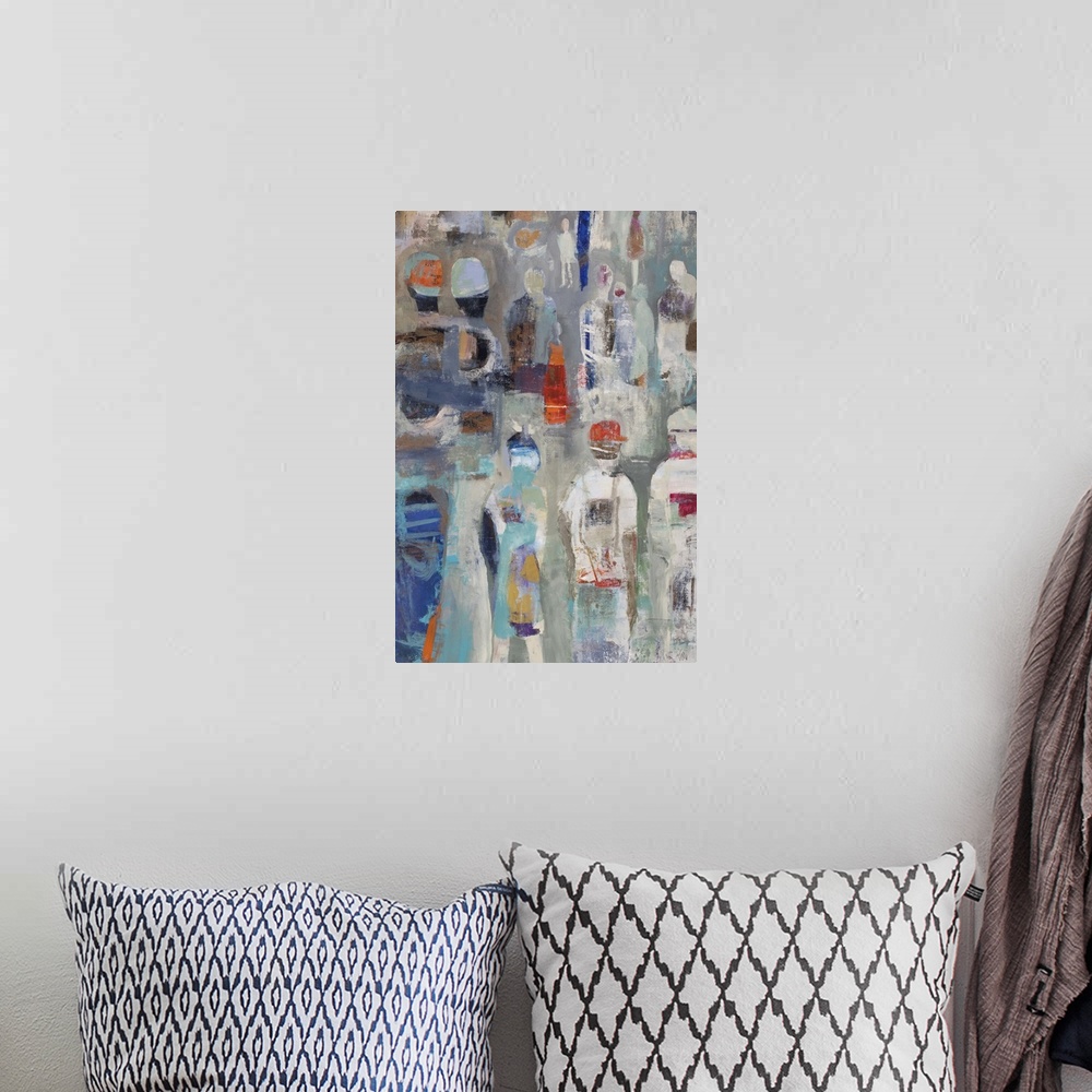 A bohemian room featuring Semi-abstract artwork of a crowd of figures in blue and red.