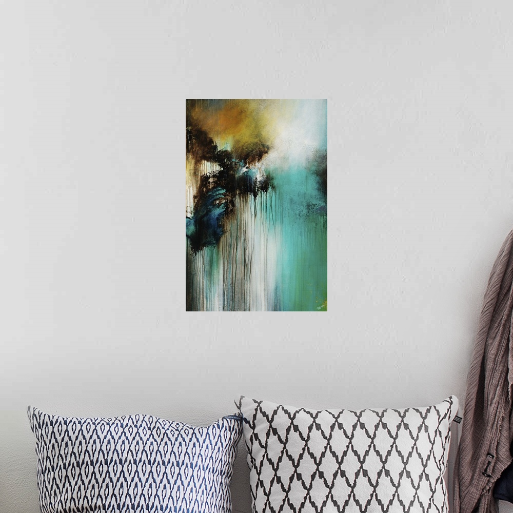 A bohemian room featuring Contemporary abstract painting with dripping black paint on white and teal.