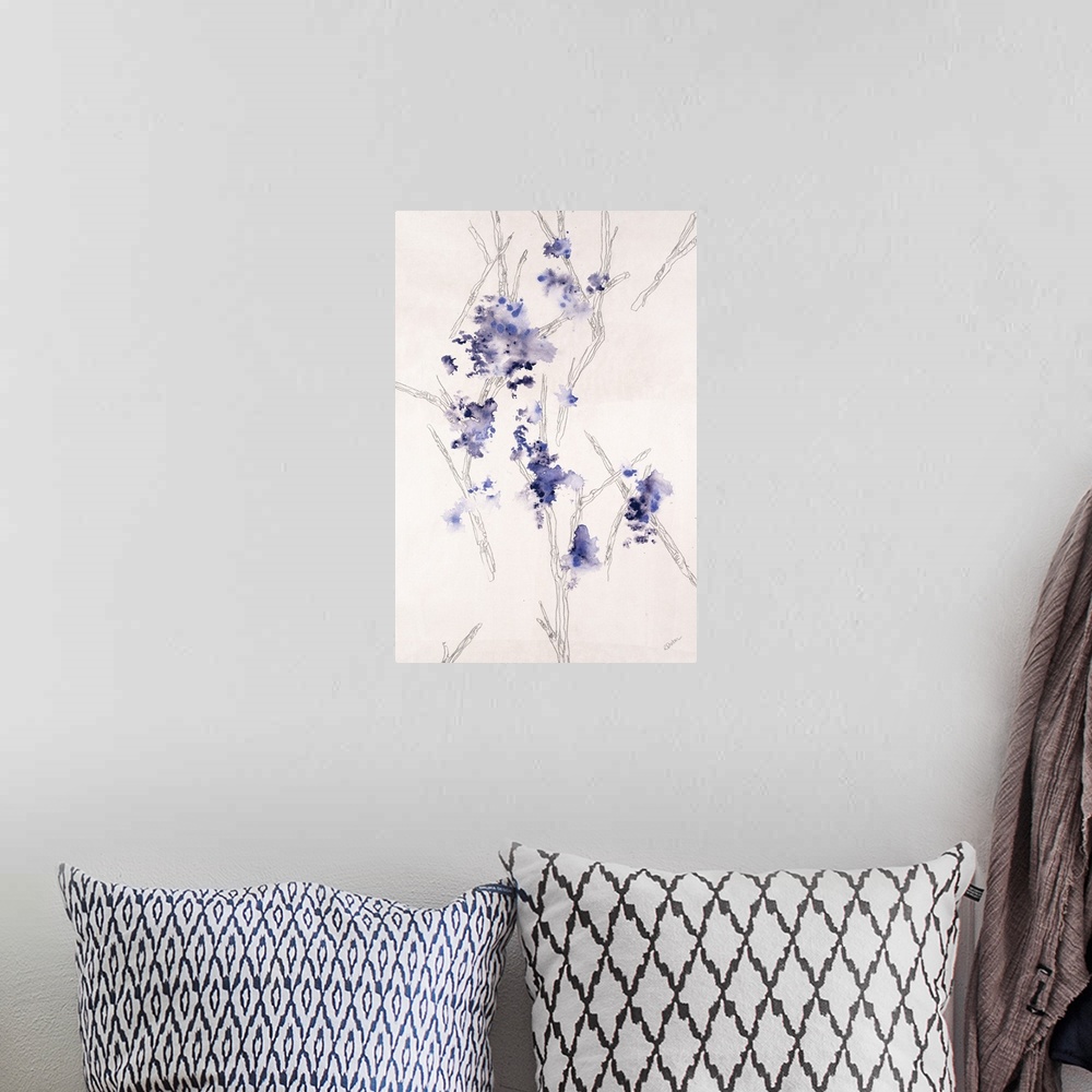 A bohemian room featuring Contemporary painting of a wispy branch with tiny purple flowers on it.